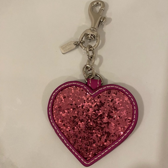 Coach Red & Pink Glitter Heart Keychain Fob Bag Charm Silver Hardware - Picture 2 of 8